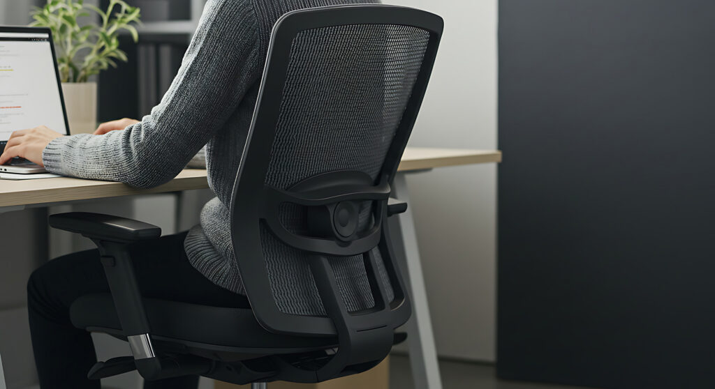 A worker sits at a desk, practicing ergonomic principles.
