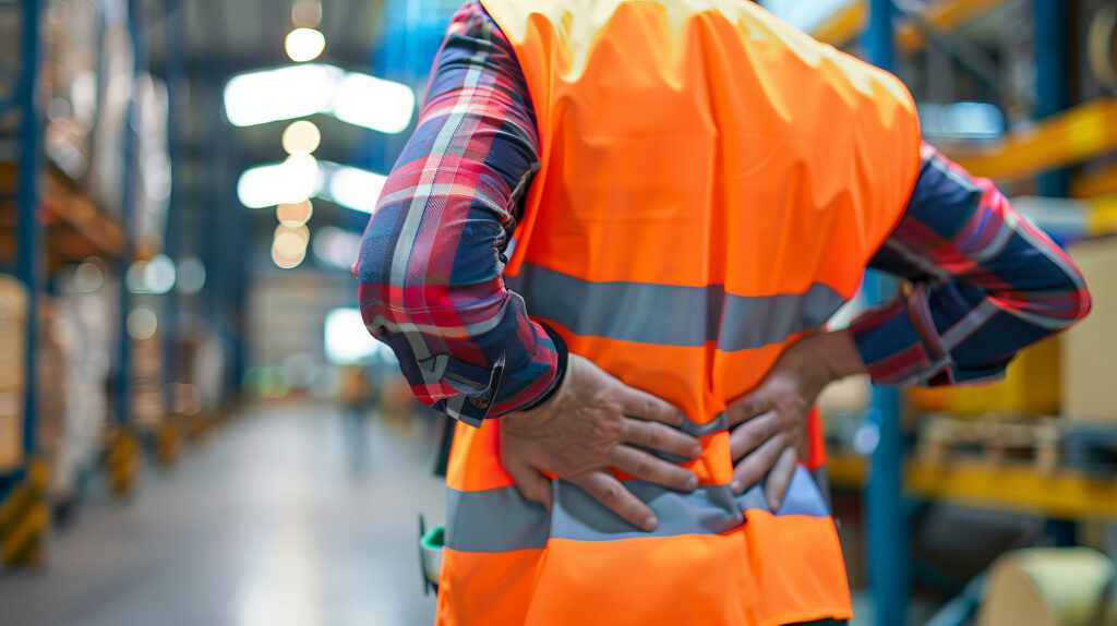 A worker holds their back, seemingly in pain, in a warehouse. It's important to remember ergonomic principles in solar construction and warehouse work.