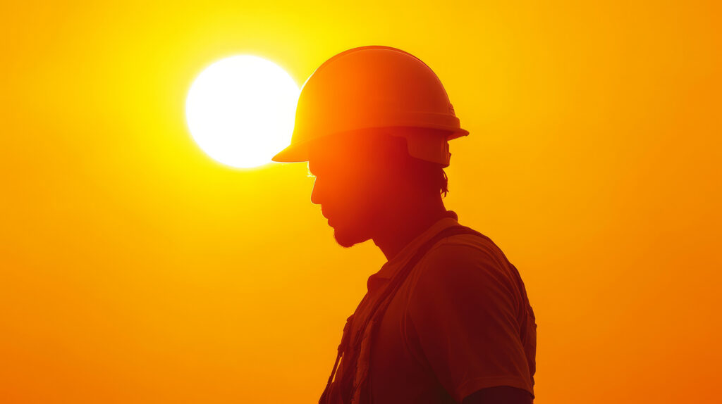 A construction worker stands in front of the sun. Prioritizing heat safety is crucial on solar construction sites.